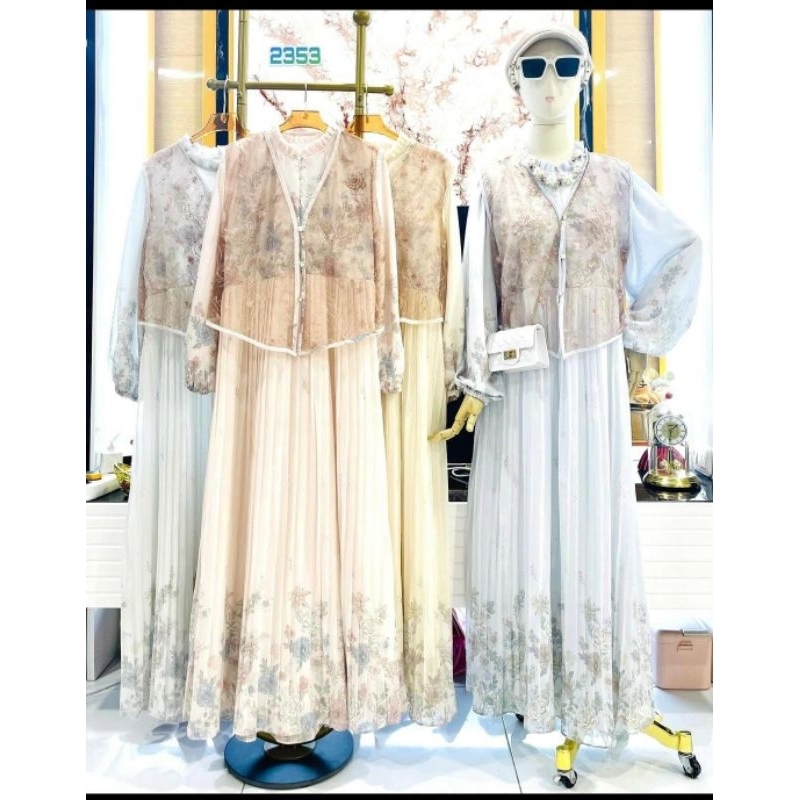 gamis dress ceruty motif plisket bunga+vest brukat terpisah mewah gamis lebaran