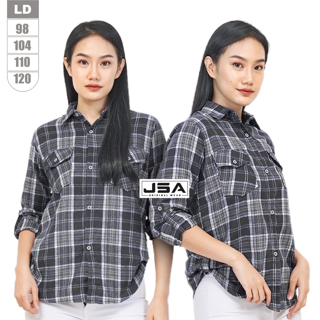 Kemeja Baju Hem Atasan Kotak-Kotak Garis Wanita Cewek Flanel Lengan Panjang Hitam Putih