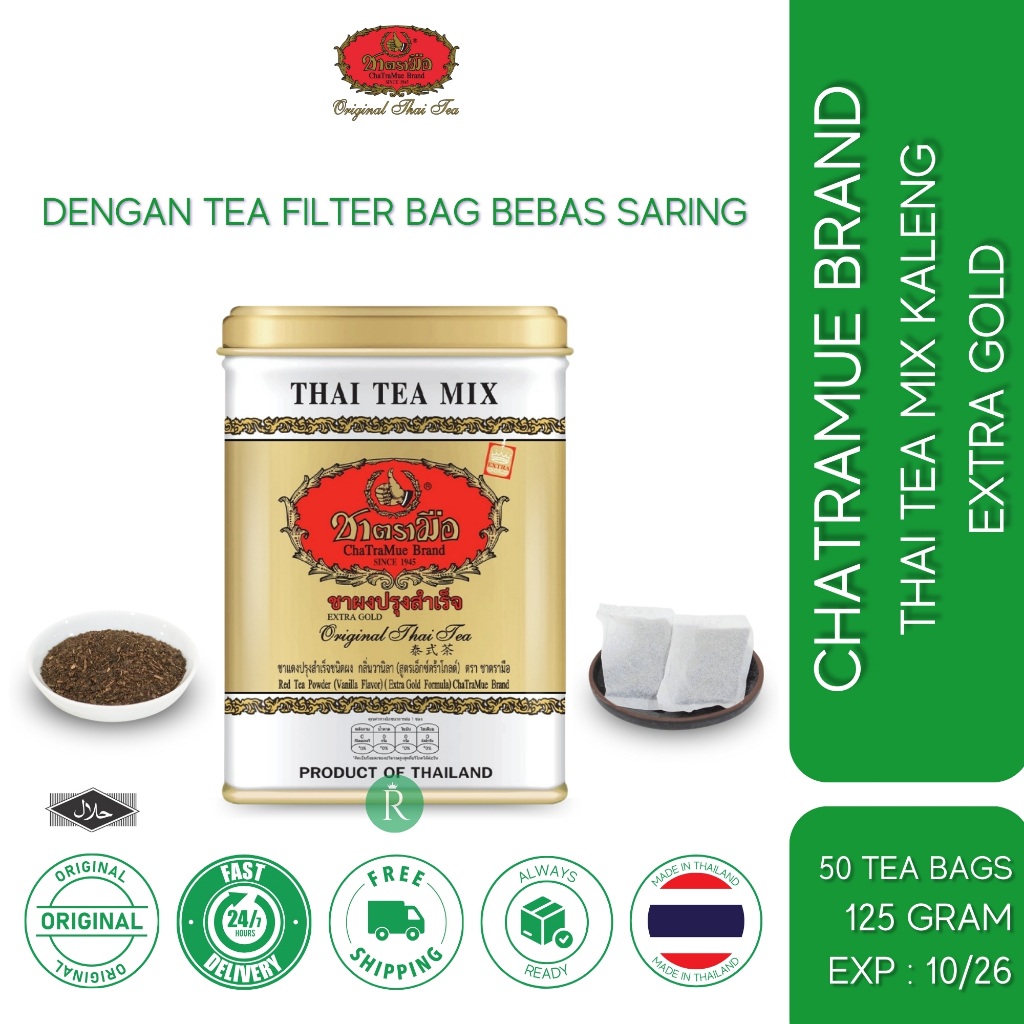 Chatramue Brand Thai Tea Mix Extra Gold Kemasan Kaleng Isi 50 Kantong Berat 125 Gram Thailand