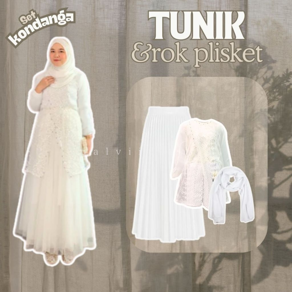 ✅ Setelan Tunik Brokat, Rok Plisket, Hijab OOTD Kondangan White Set Pakaian Wanita Berhijab Outer Ke