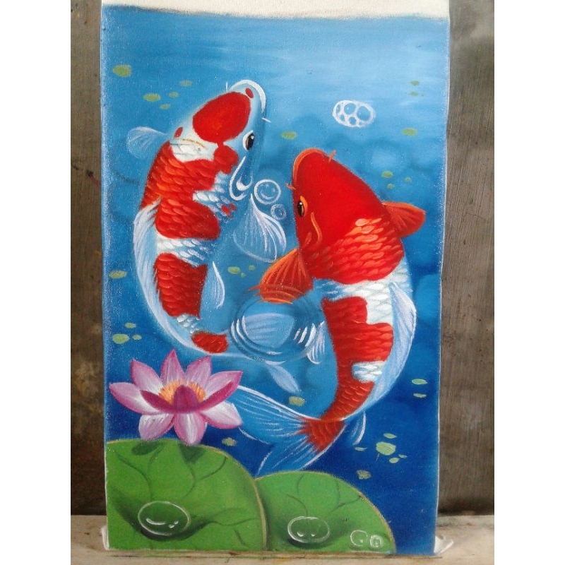 lukisan ikan koi minimalis oil on kanvas ukuran 40x60cm asli buatan tangan no print