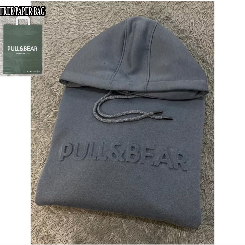 { FREE PAPER BAG } Hoodie Sweater Pull & Bear Emboss 3D Font Timbul DENIM Full Lebel dan Hantag Term