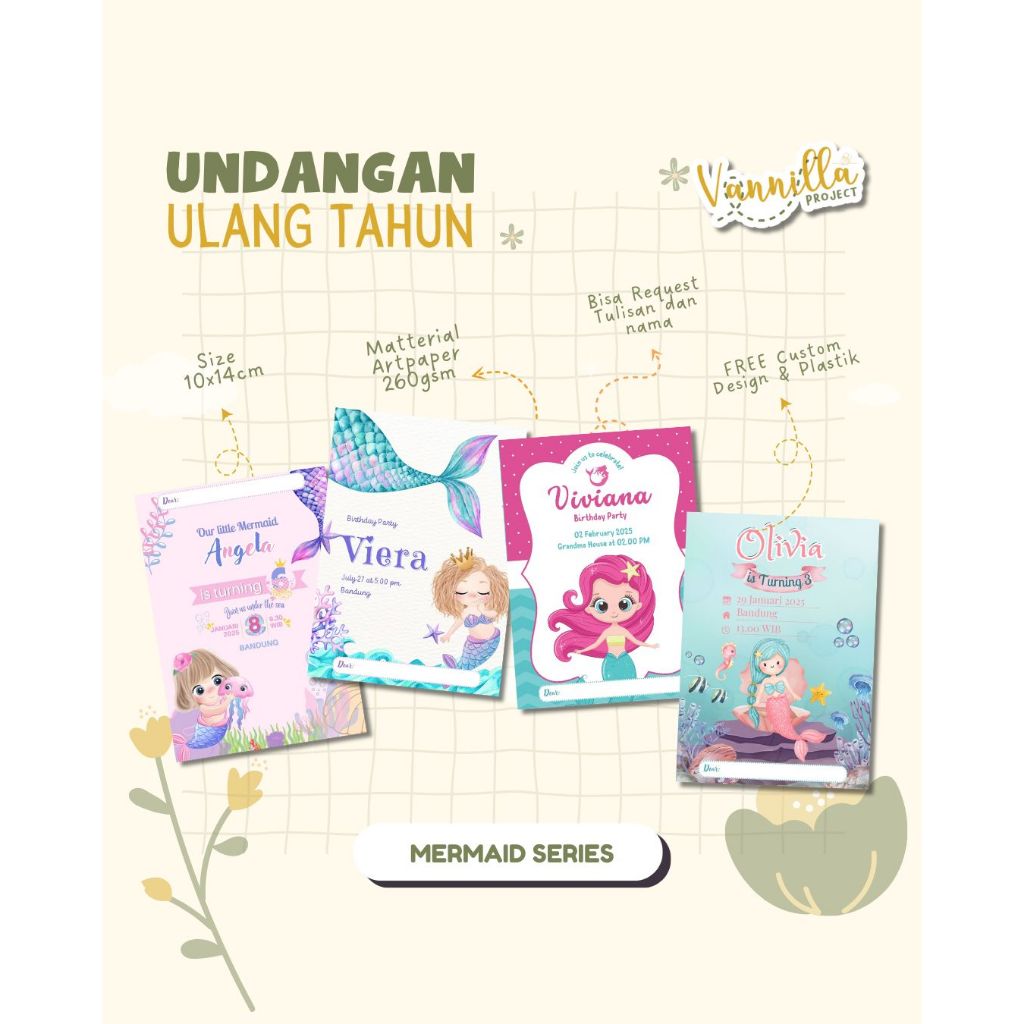 KARTU UNDANGAN ULANG TAHUN ANAK MERMAID | Undangan Ulang Tahun Anak Ultah Anak | Kartu Undangan ulan