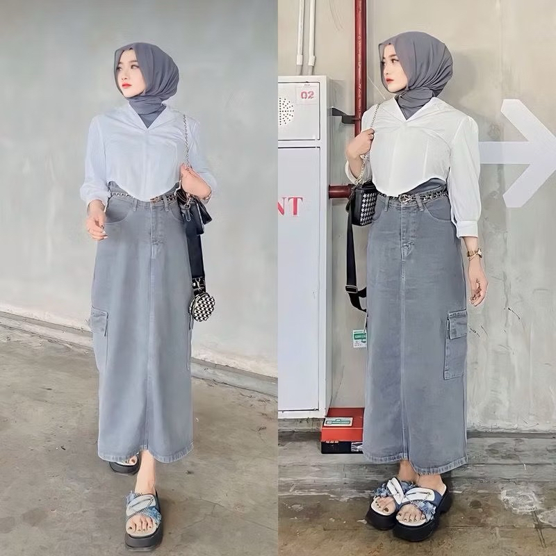 Rok Cargo Jeans Kantong Samping // Cargo rok jeans Premium