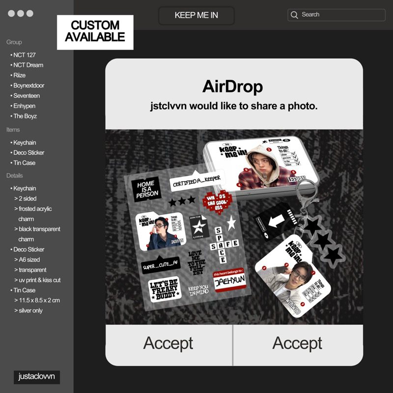 Keep Me In by Justaclovvn - keychain, deco sticker, & tin case | NCT 127 DREAM RIIZE SVT THEBOYZ TRE