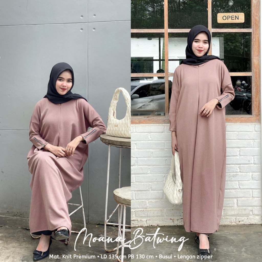 Moana Batwing Gamis Mat. Knit Premium Bahan Knit Premium tebal, LD 140 cm PB 130 cm, busui,