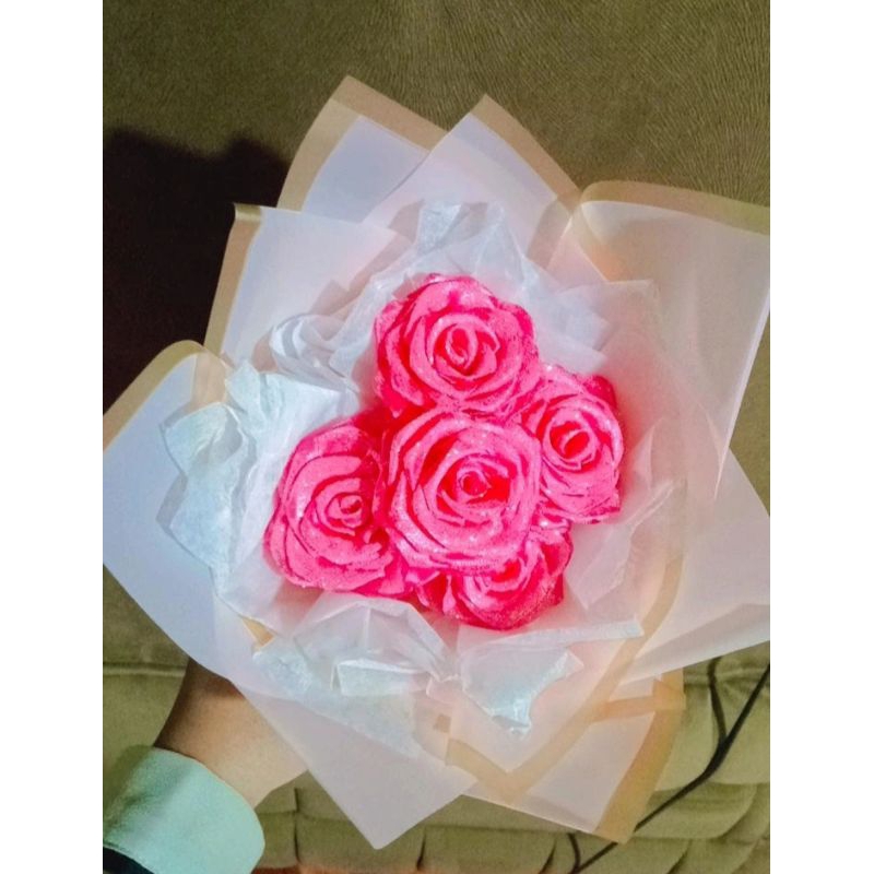 BUKET BUNGA PITA SATIN 5 TANGKAI GLITER/BUKET SATIN GLITER TERMURAH/BUKET WISUDA/BOUQUET SATIN GLITE
