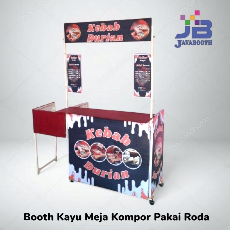 Booth Portable Kayu Pakai Roda + Meja Kompor 1 Tungku Bonus Rak Depan (140x65cm) JB LV