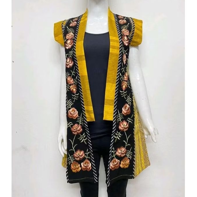 Outher Bordir Batik Terbaru Motif Bunga Tanpa Lengan Kuning Exclusive Atasan Wanita Kantor