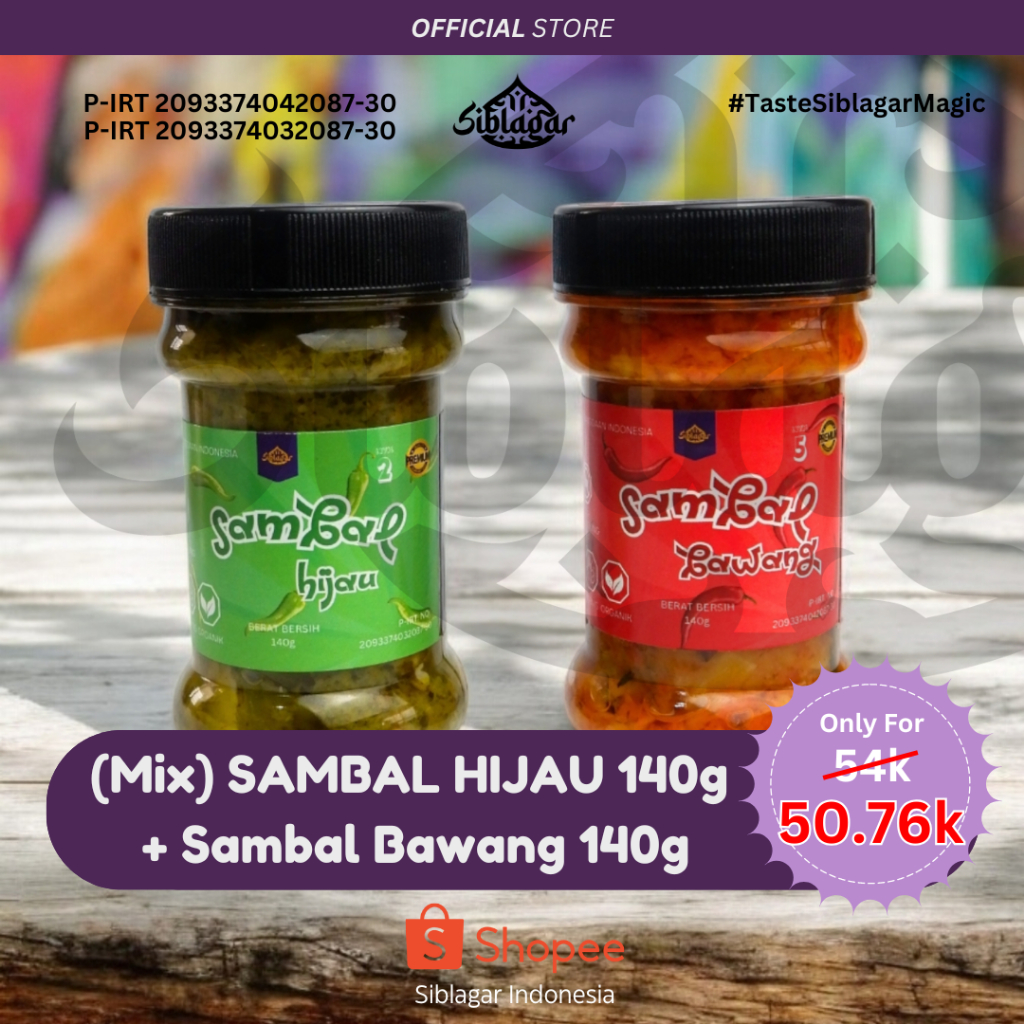

BUNDLE SIBLAGAR Sambal Hijau Level 2 (140 gram) + Sambal Bawang Level 5 (140 gram)
