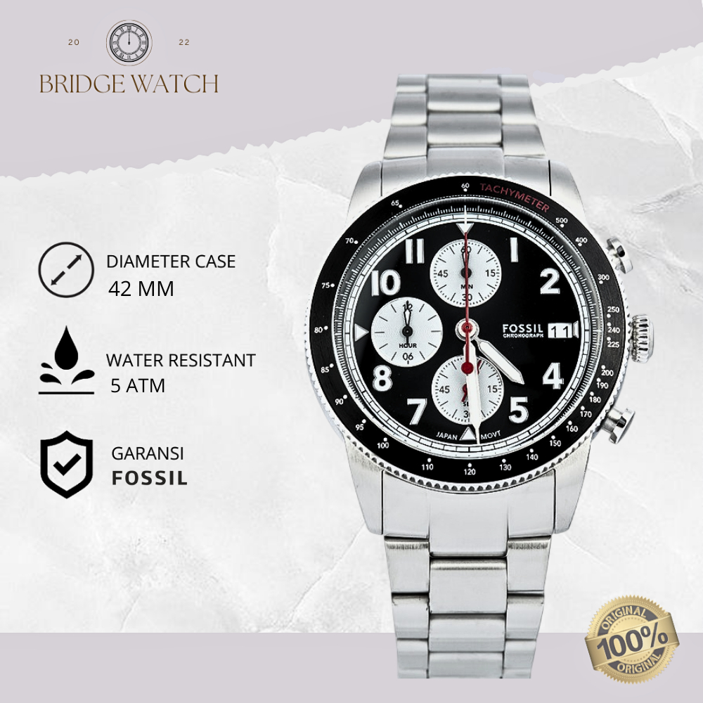 Jam Tangan Pria Fossil FS6045 Sport Tourer Chronograph Silver Stainless Steel Strap Black Dial Ranta