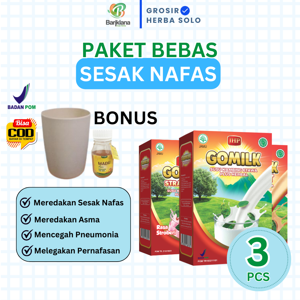 

[3BOX][ GRATIS EMAS & GELAS ] GOMILK Susu Kambing Plus Herbal Pereda Asma, Batuk dan Sesak Nafas Netto @200 gr 3 Box