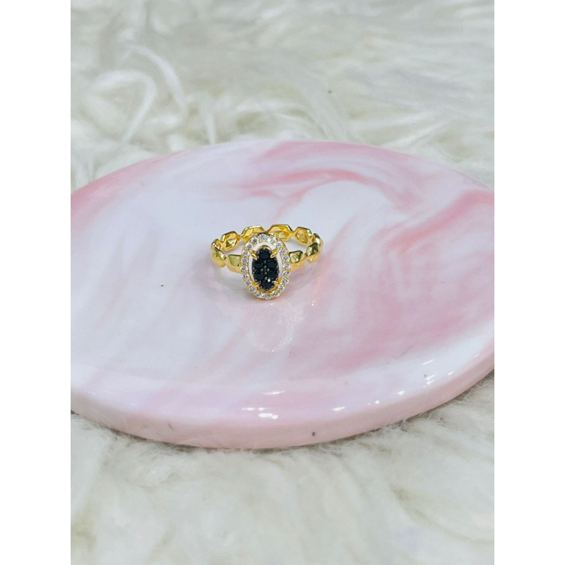 cincin oval lonjong permata hitam putih uk 14 emas asli kadar 700