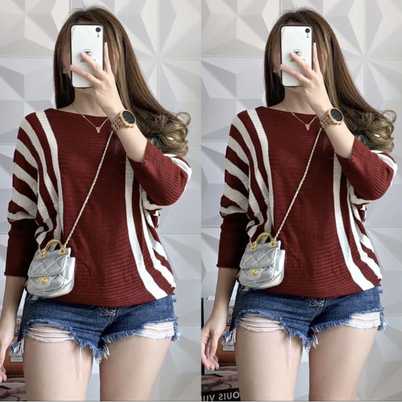 Batwing Rajut Blouse wanita Atasan motif garis