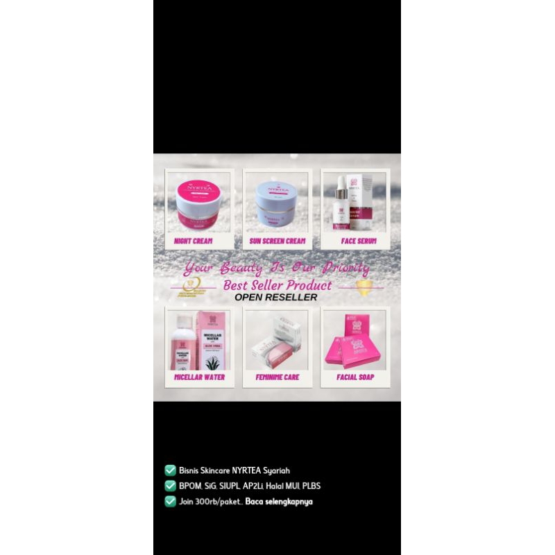 Satu Paket Skincare NYRTEA 1 serum 1 sunscreen 1 night cream 4 sabun arnifa 1 micellar water