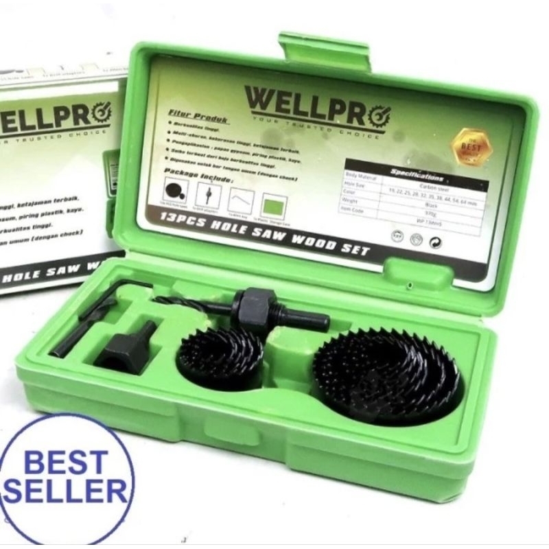Wellpro Mata Bor Pelubang Kayu Termurah Berkualitas HoleSaw Kit Hole saw Set 13 pcs Carbon Steel