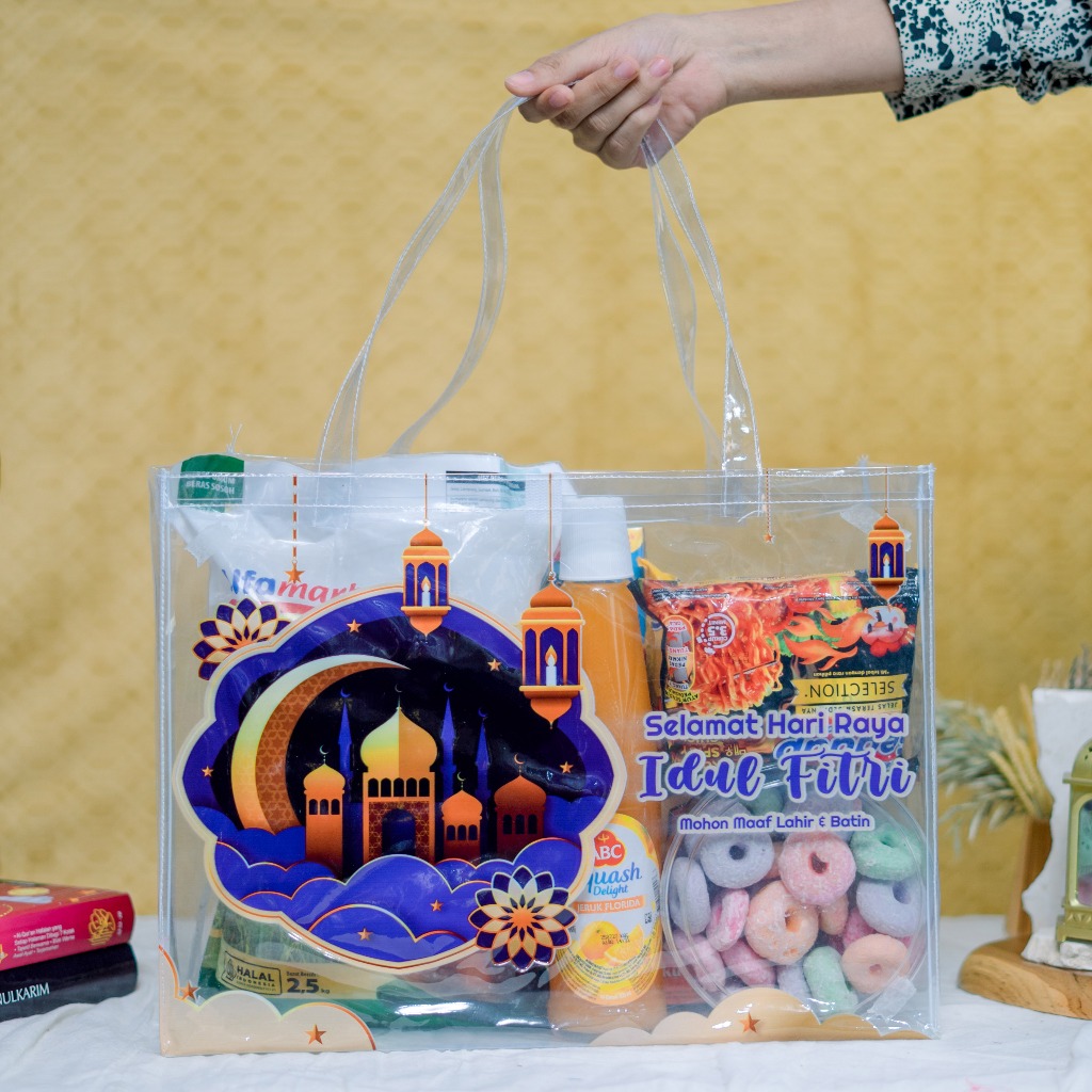 Tas Lebaran Mika Print Transparan Ready Stok Ukuran Jumbo, Tas Parcel Lebaran Idul Fitri Muat Sembak