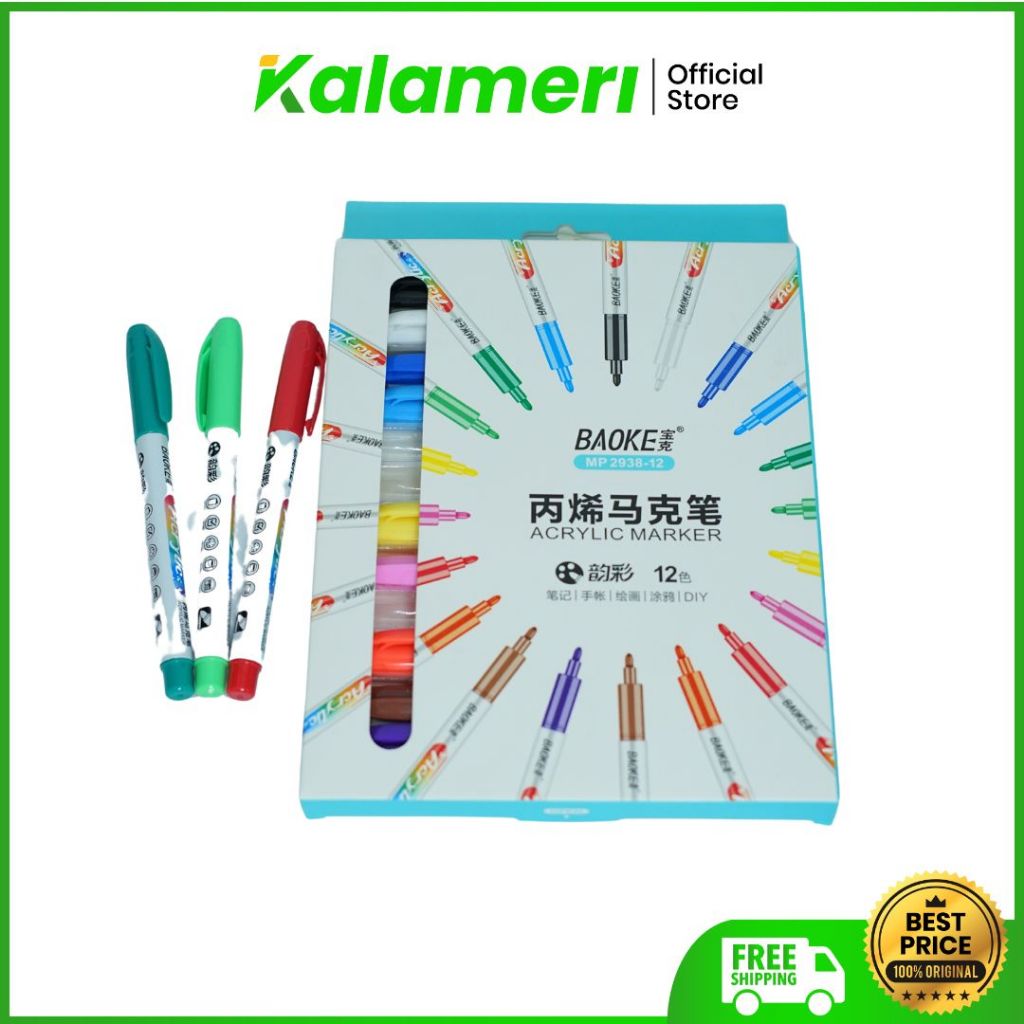 

KALAMERI - Baoke Acrylic Pen Marker 12C C - Pewarna Akrilik 12 Warna C