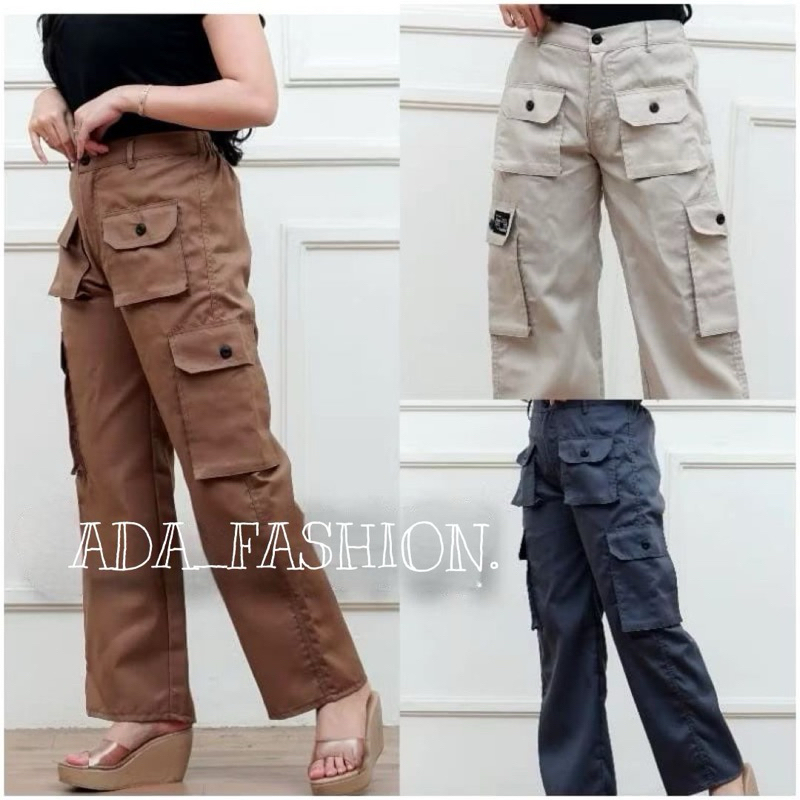 Celana Cargo Wanita Highwaist Premium / Kulot Cargo Pants Wanita Cargo Denim Pasir Putih Loose / Cel