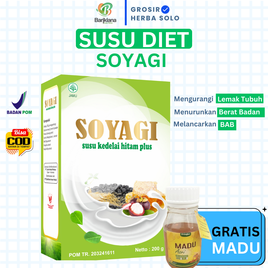 

(COD + GARANSI) (Beli 1 gratis GELAS CANTIK)(Beli 2 Gratis MADU) SOYAGI Susu Diet Kedelai Hitam Plus partner GOMILK 200 gr