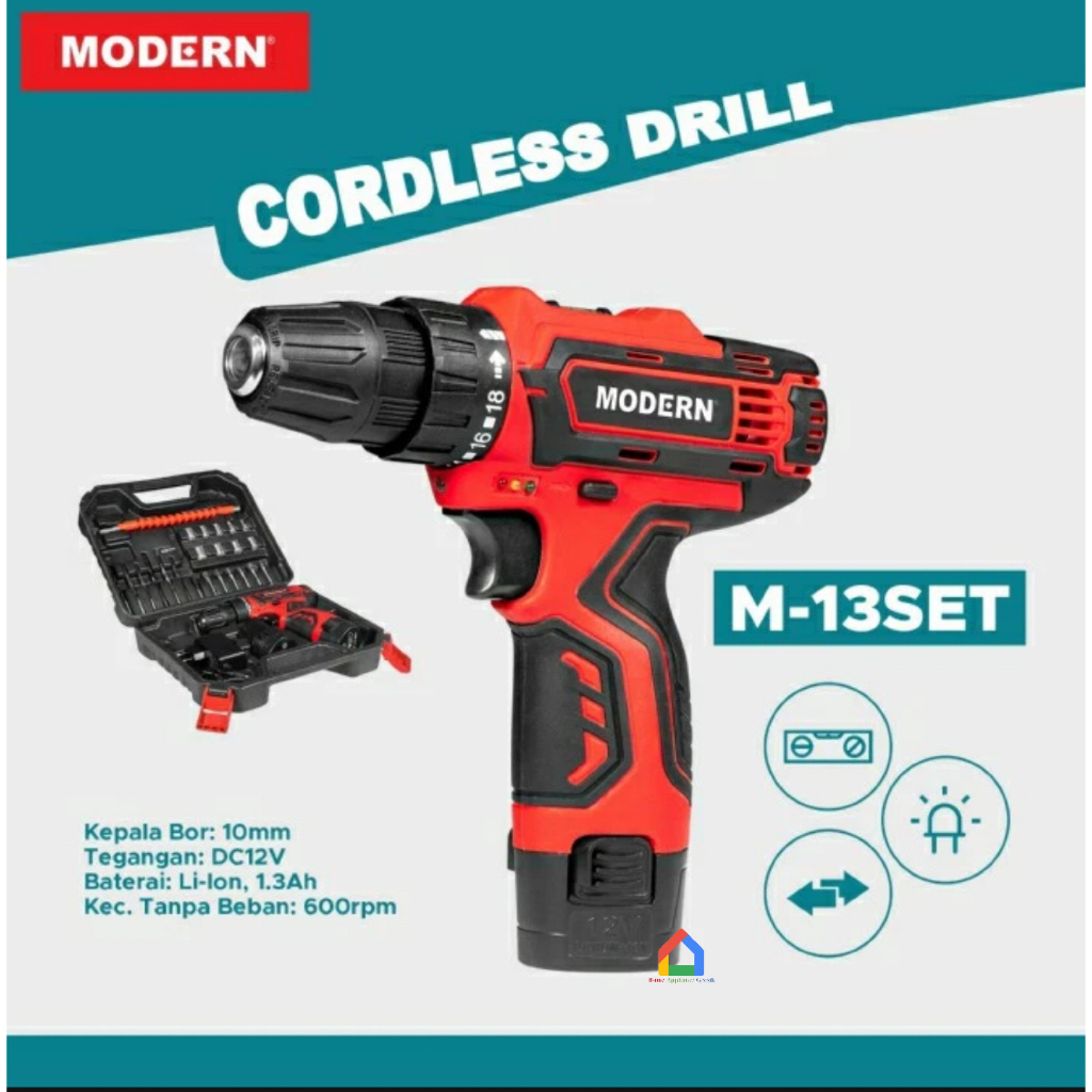 Mesin Bor Modern Baterai Cordless 12 Volt M13 Set / Modern Cordless Drill M-13 Set