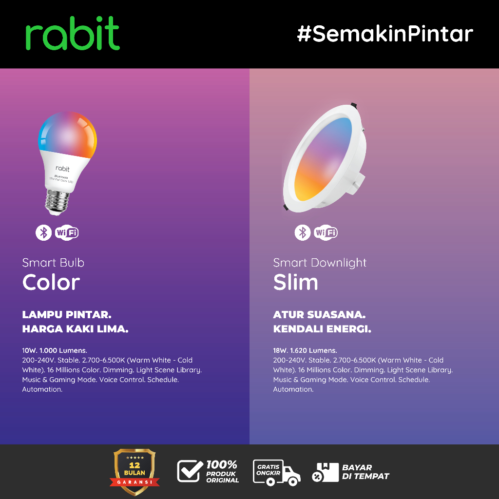 RABIT SMART LAMP LED LIGHT BULB BLUETOOTH LAMPU BOHLAM PINTAR RGB OTOMATIS - DOWNLIGHT PLAFON BUKAN 