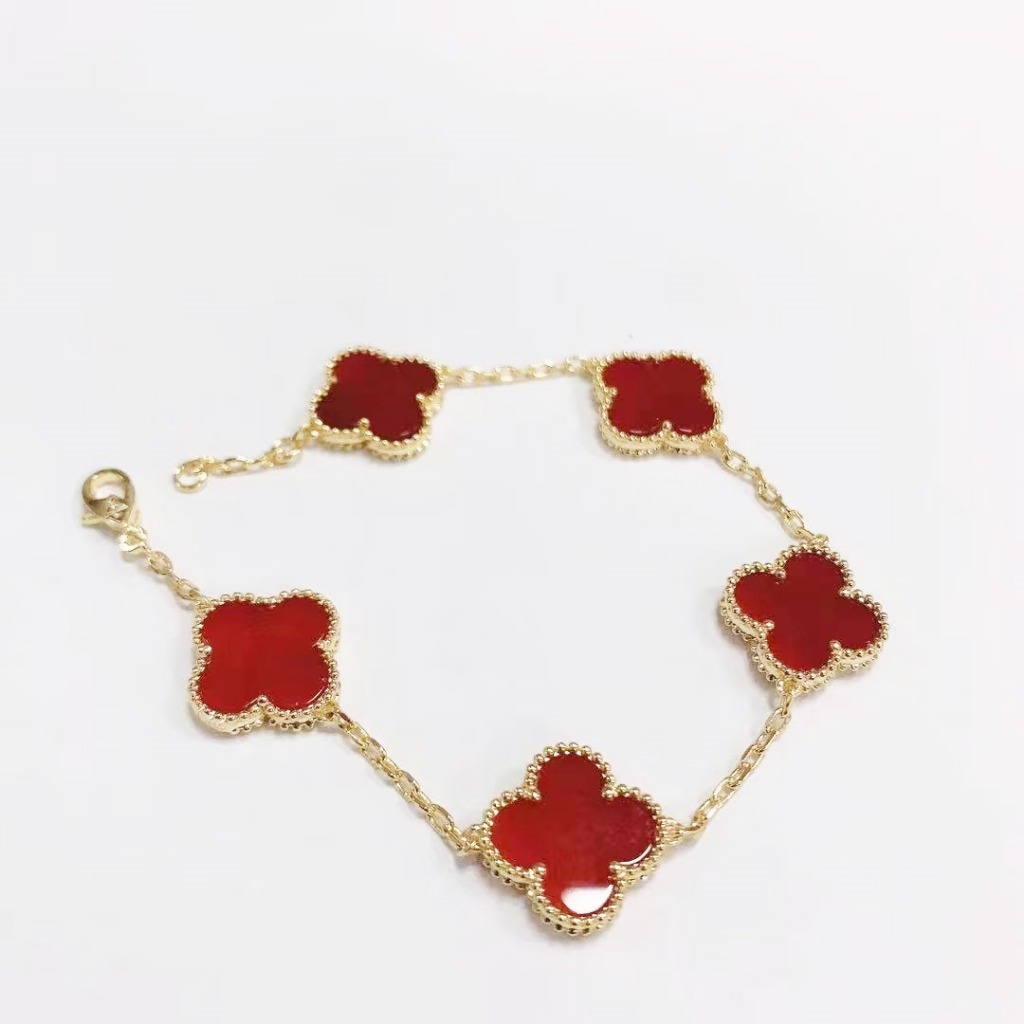 Shine Gelang / Bracelet Ruby Red Clover Gelang Wanita Unisex Titanium Emas Simple Elegant gelang keb