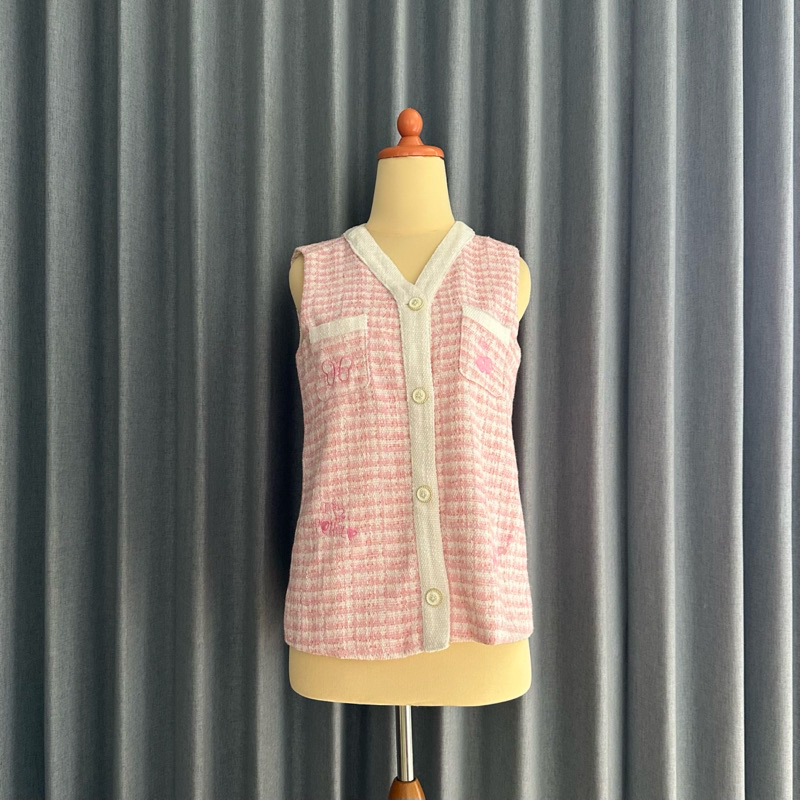 𝙋𝙍𝙀𝙇𝙊𝙑𝙀𝘿 Pomelo X Esther Bunny Kim Pink Tweed Buttons Sleeveless Top Blouse Vest Mewah Fashion Wanit