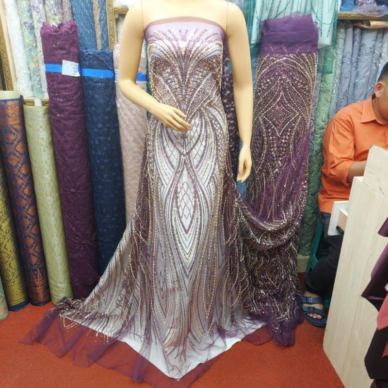 (Cod) bahan Kain Tulle Elizabeth full payet Premium/bakal Kain Gaun Mewah (Gaun Pengatin).