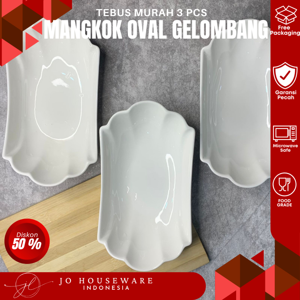 TEBUS MURAH Mangkok buah oval gelombang keramik premium putih polos unik serbaguna JH31-1
