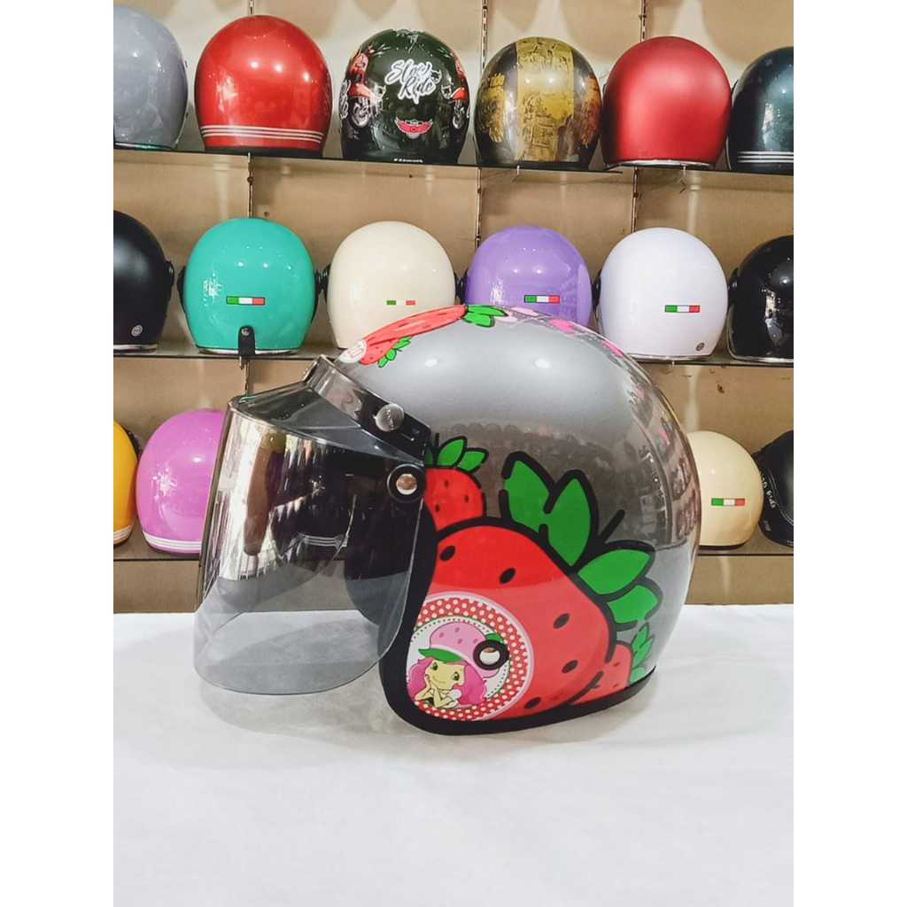 Aizo Helm Bogo Anak Motif Strawberry Abu Glossy Berlabel SNI MurahBerkualitas COD  Pack KardusBubble