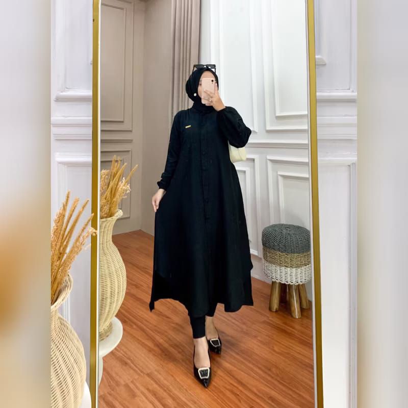 Carisa long tunik polo linen polos kancing tunik jumbo