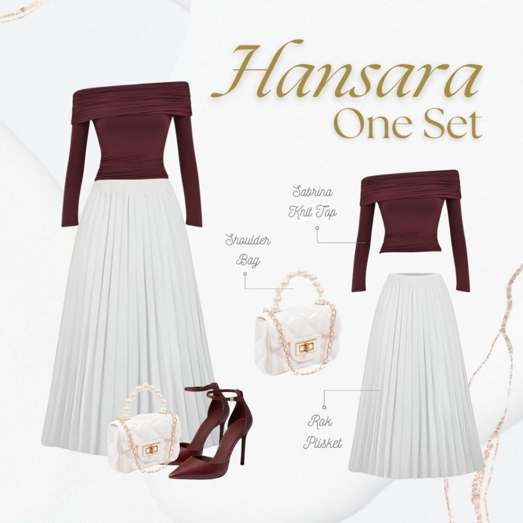 Oneset 3in1 Wanita | Sabrina Crop Maron Rok Plisket Putih Tas Jelly | Setelan OOTD Kekinian OJ08