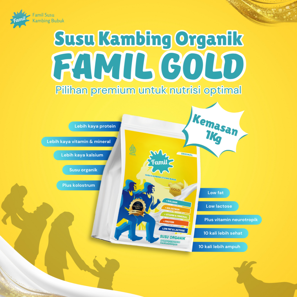 

Susu Kambing Etawa Bubuk Murni Organik Super Premium 1000Gram / 1Kg Original Gold Lebih Sehat dan Berkualitas Rendah Laktosa Kaya Vitamin & Mineral serta Kalsium Famil Gold Halal & BPOM