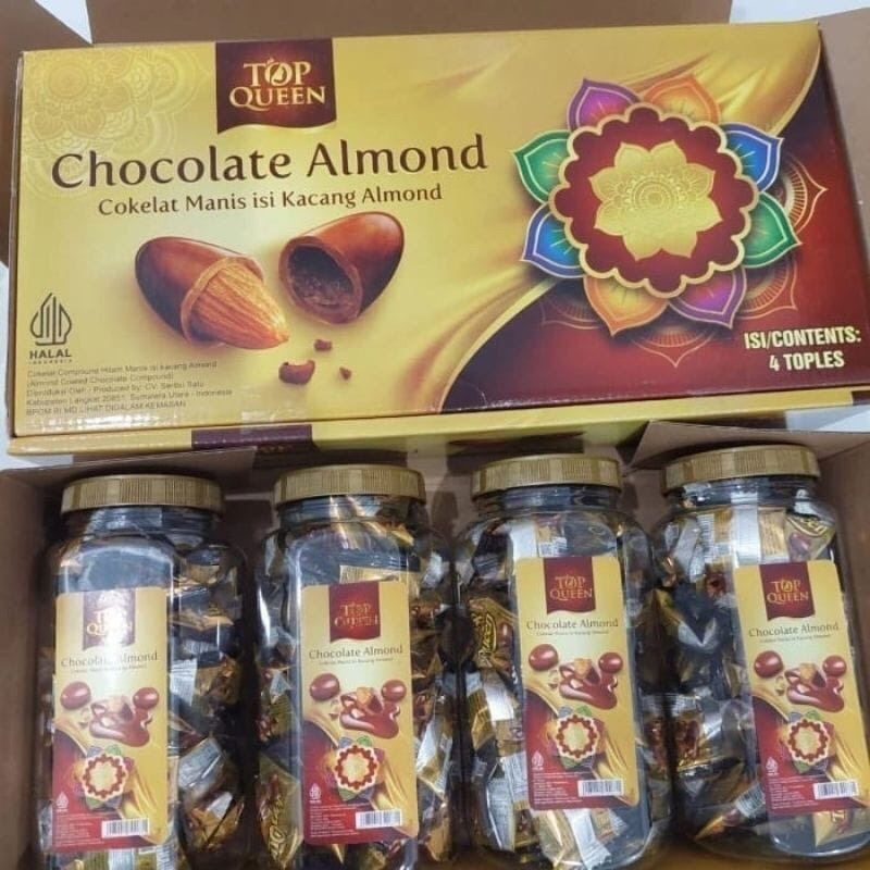 

chocolate manis dengan isian almond kemasan toples Ready Coklat Almond Topqueen, Berat 120g /toples isi±40bks