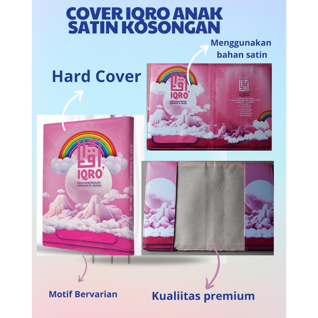 

DP - Cover Iqro Anak Hanya Cover saja tanpa Iqro ukuran A5 Bahan Satin ( Banyak Varian , Lebih Eksulisif ) Motif pelangi