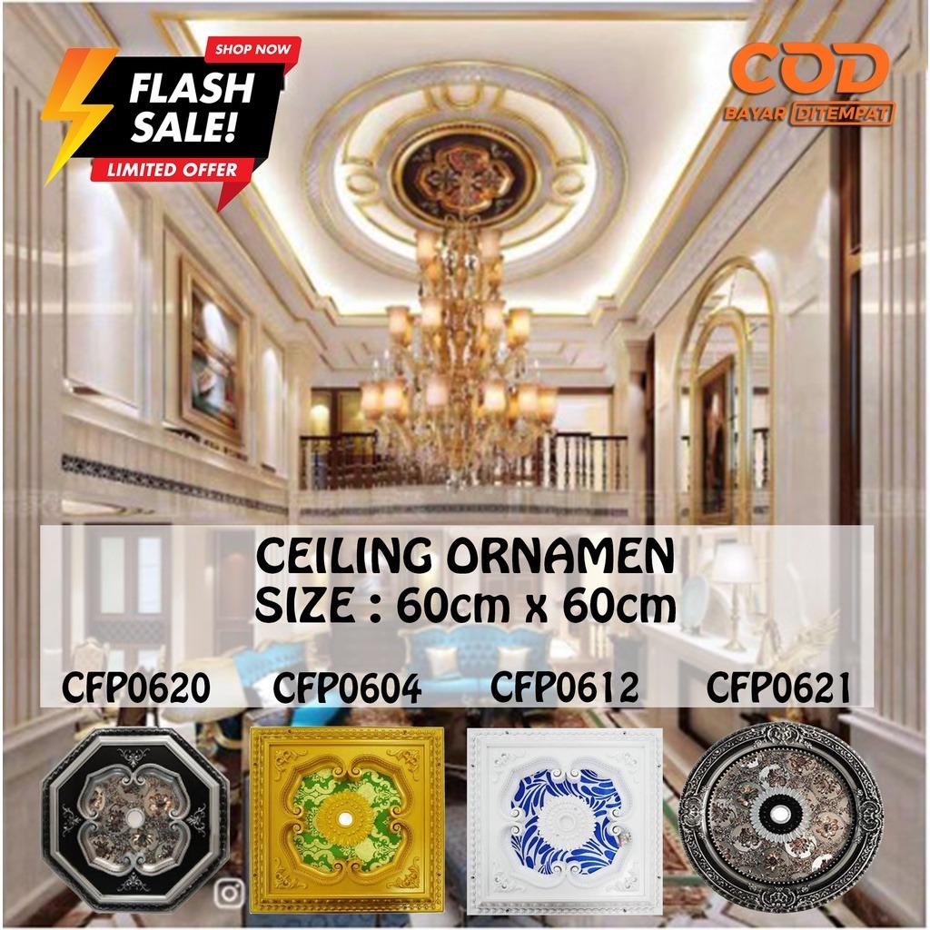 Ornamen Lampu Plafon Gypsum Panel PVC 60cm x 60cm - Model Bulat Oval Segi Enam Aksesoris Atap Rumah