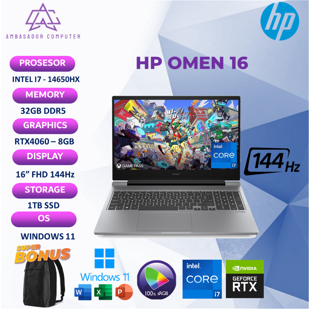 Laptop HP OMEN 16 i7 14650HX RTX4060 8Gb 32GB 1TB Windows 11 Full HD 144HZ