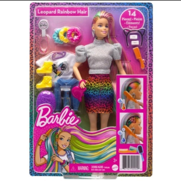 Boneka Barbie Leopard Rainbow Hair Doll With Color - Rambut Pelangi