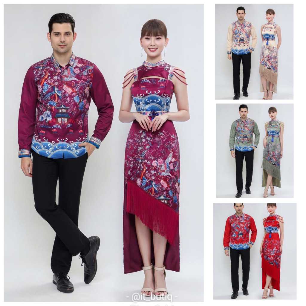 Couple dress long cheongsam cream merah maroon hijau dan changsan kemeja shanghai baju qipao Imlek S