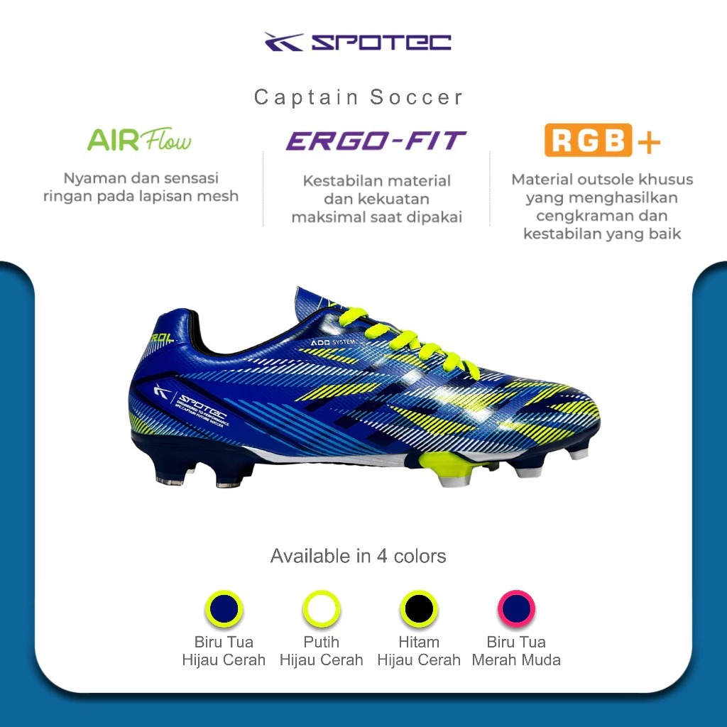 SPOTEC Sepatu SEPAK BOLA Artikel CAPTAIN SOCCER-Biru/Hijau Cerah Spotec Original