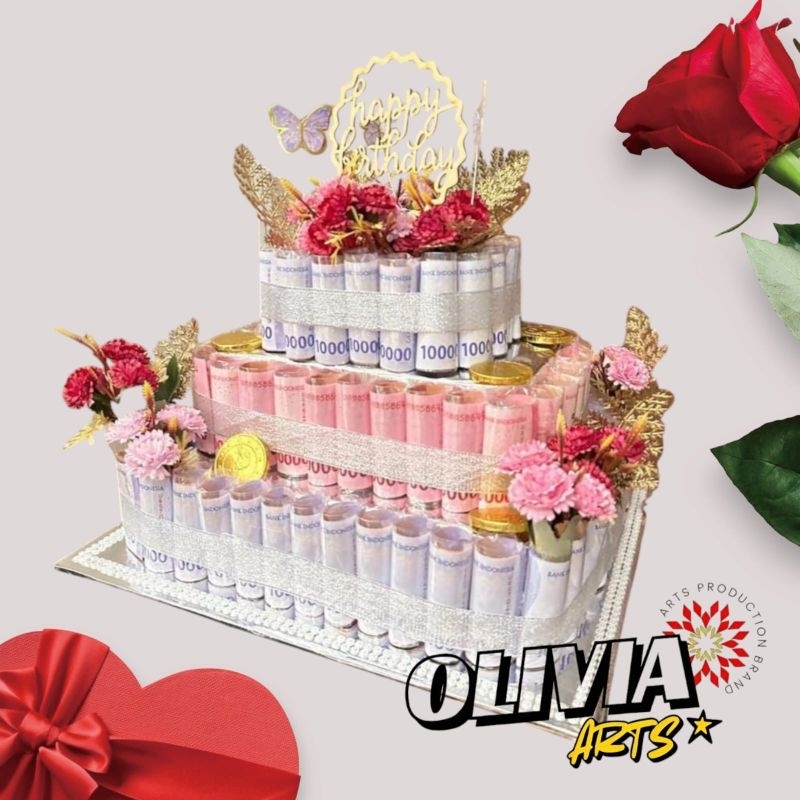 Hadiah Ulang tahun / Kado / Dummy Cake Uang Kertas / Money Cake / Kue Uang / Pajangan / Display Uang