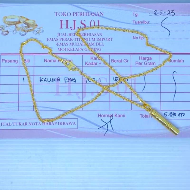 Kalung emas asli 24karat berat16 gram motif nori liontin bambu dapat surat