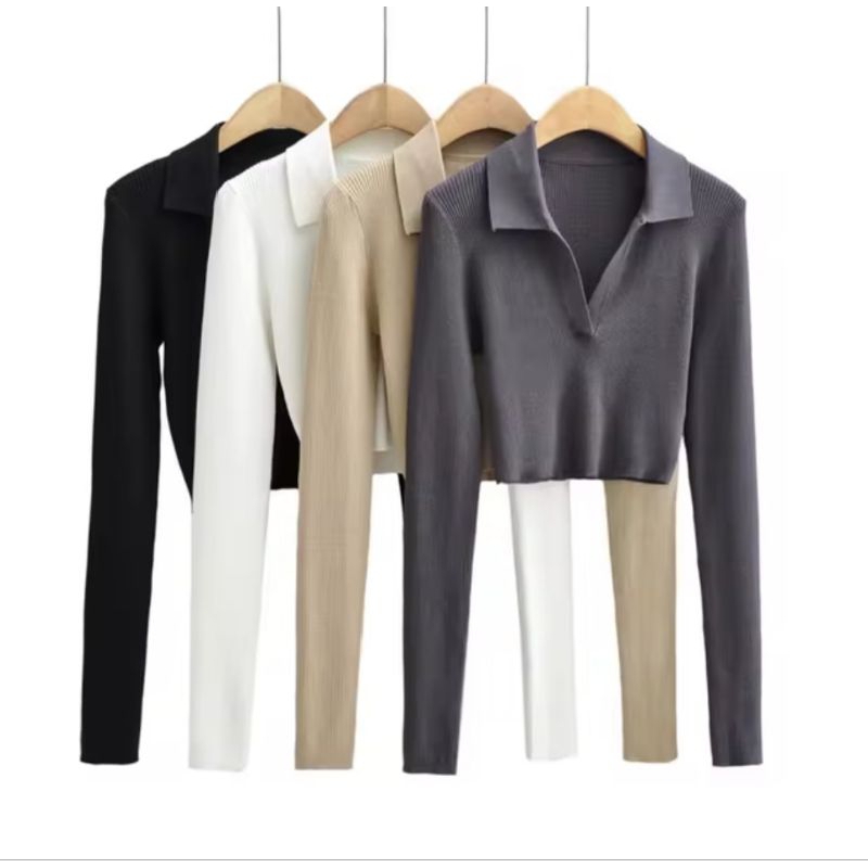 Crop Top | Grace Crop Top Long Sleeve V Kaos Crop Top Lengan Panjang CropTop Kerah