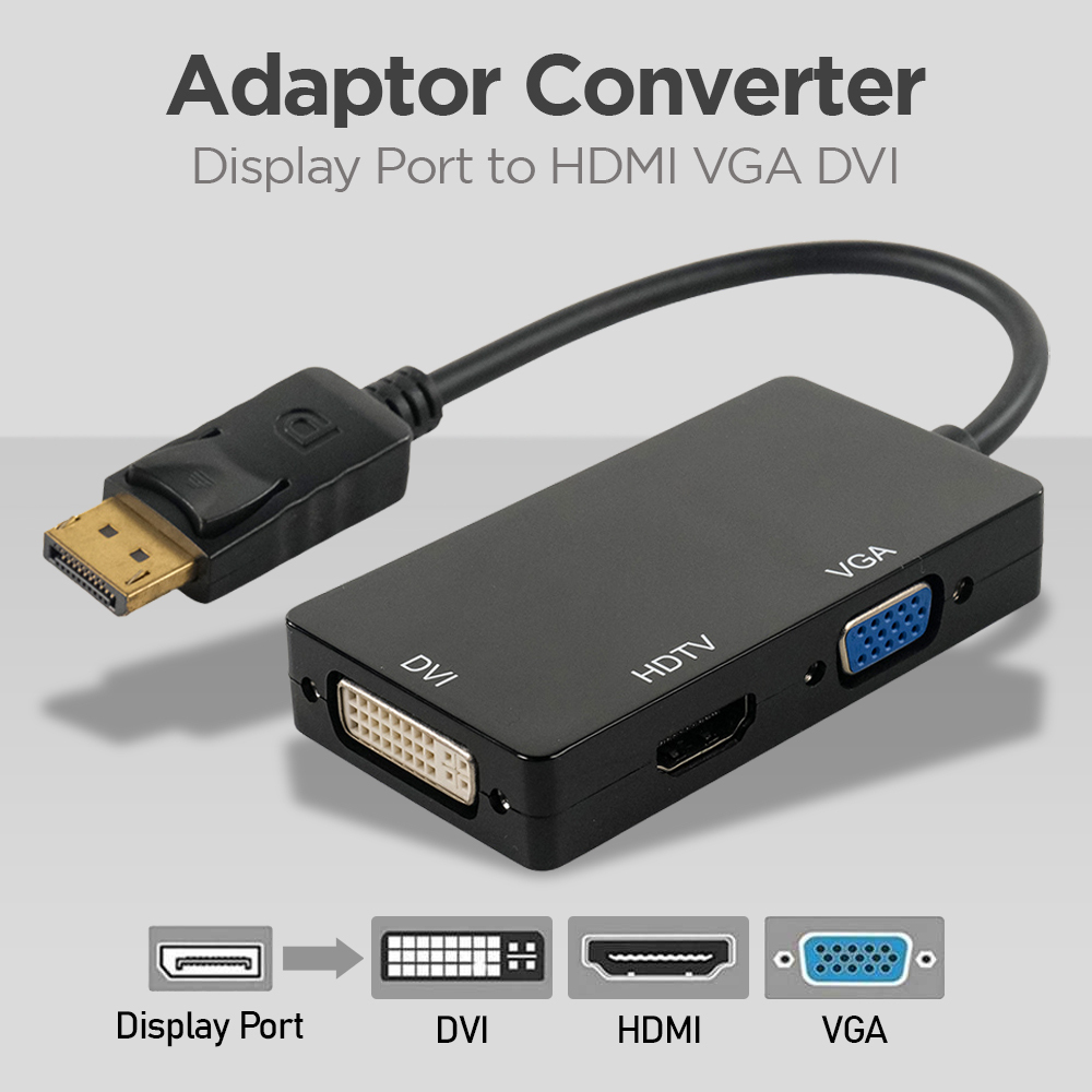 PP Adaptor Converter Display Port DP to HDMI VGA DVI Full HD Pengubah Monitor Jadul CPU 3in1 1080p