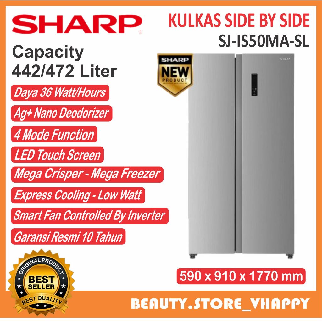 Kulkas Side By Side Sharp 2 Pintu 442/472 Liter SJ-IS50MA-SL Inverter Murah Garansi Resmi