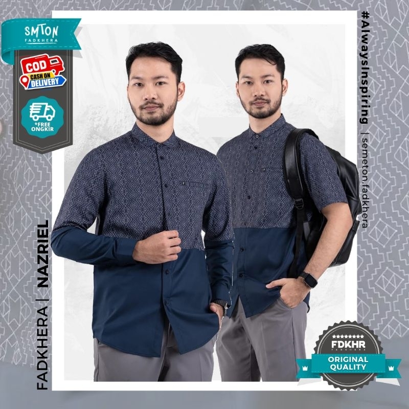 Koko Fadkhera NAZRIEL baju kemeja pria warna navy motif lengan panjang pendek bahan katun jepang pre