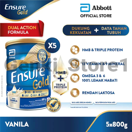 

[5 KALENG] ENSURE GOLD HMB Vanila / Cokelat 5 X 800GR - Nutrisi Dewasa Rendah Laktosa