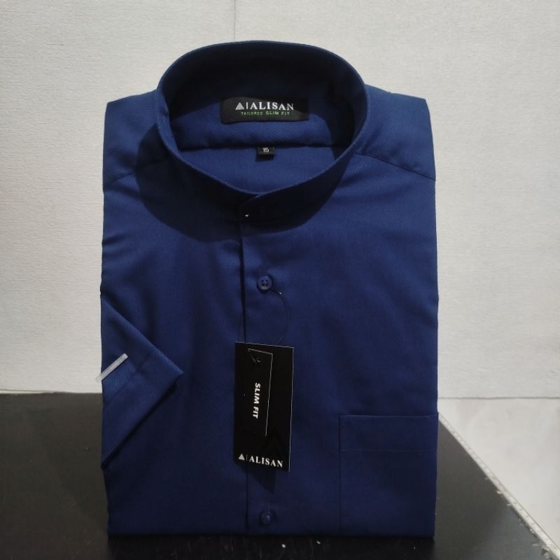 Lengan Pendek Slimfit ALISAN Dobby Koko Biru7 Krah Shanghai