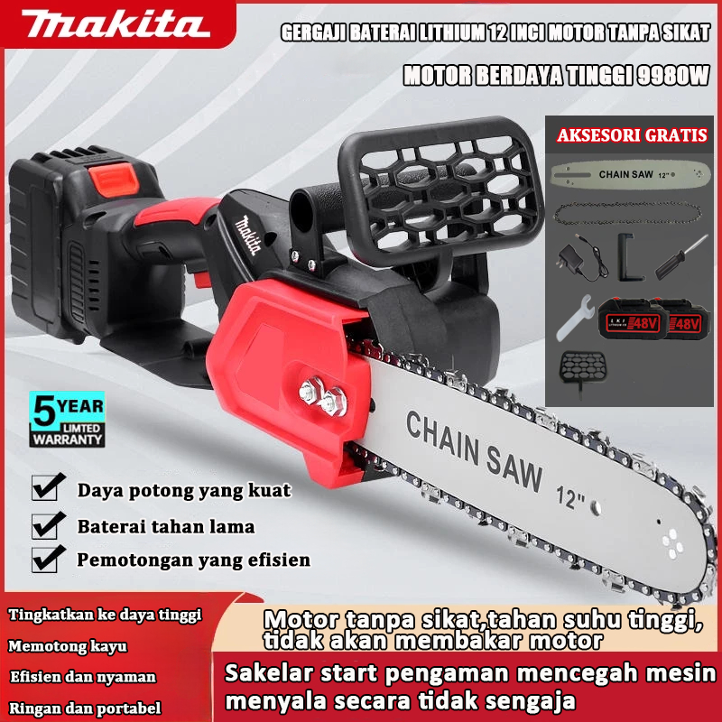 【Garansi 5 tahun】MAKITA Chainsaw mini 12 Inch Chainsaw Chain Saw Cordless 2 baterai  Cordless Chains